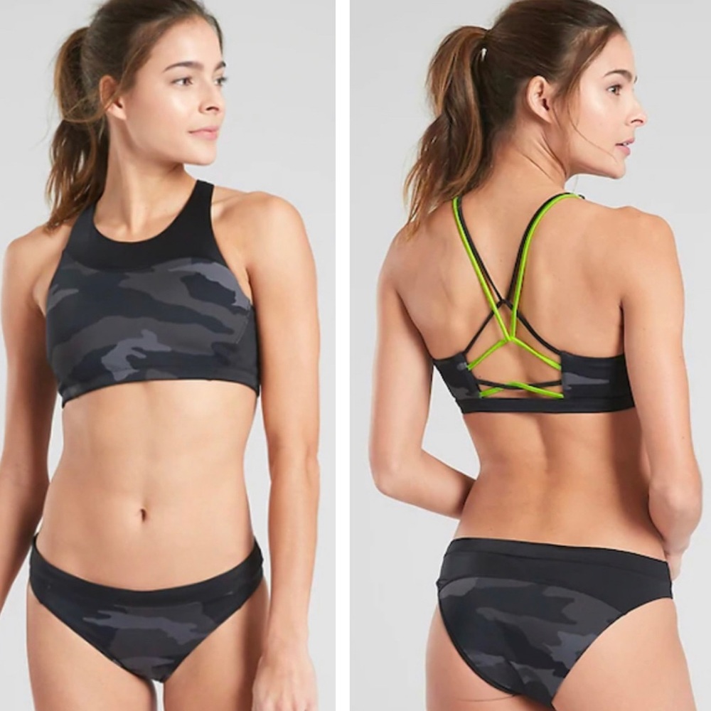 Athleta Freestyle Camo High Neck Bikini Top Black/Neon Yellow halter swim NWT